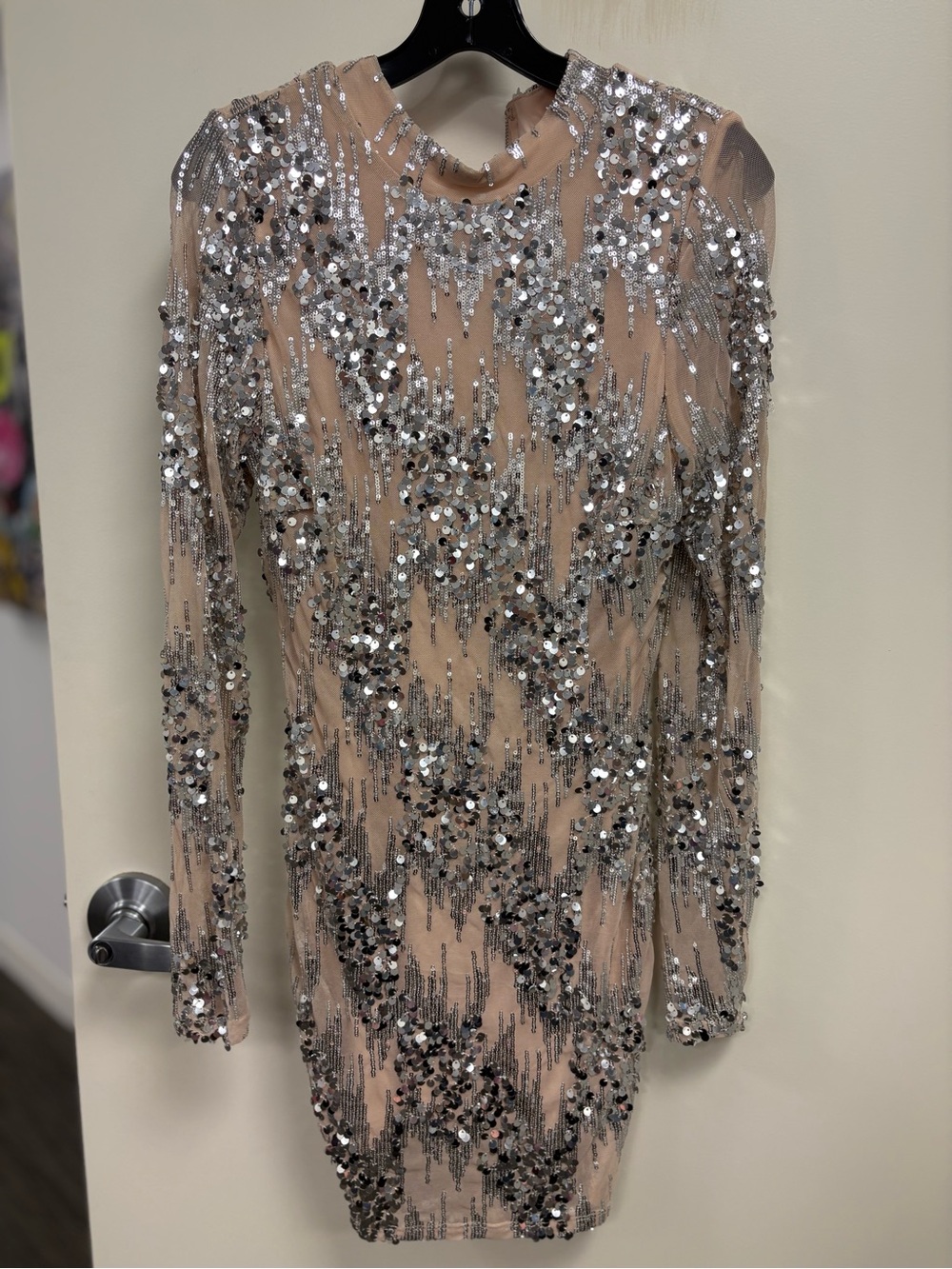 Night Way Collections Silver Sequin Nude Long-Sleeve Cocktail Dress